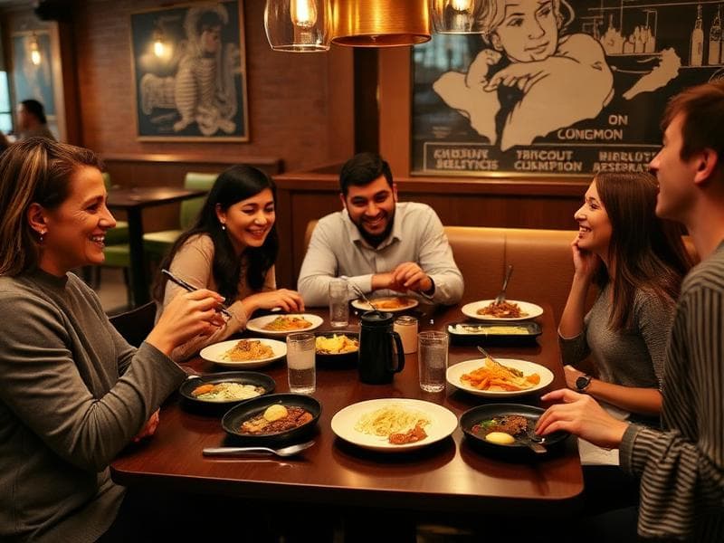 A diverse group of coworkers sharing a meal at a restaurant table with shared plates and conversation